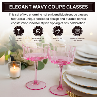 Hot Pink & Blush Flower Wave Coupe Glasses Set of 2 – Vibrant Colored Cocktail Drinkware