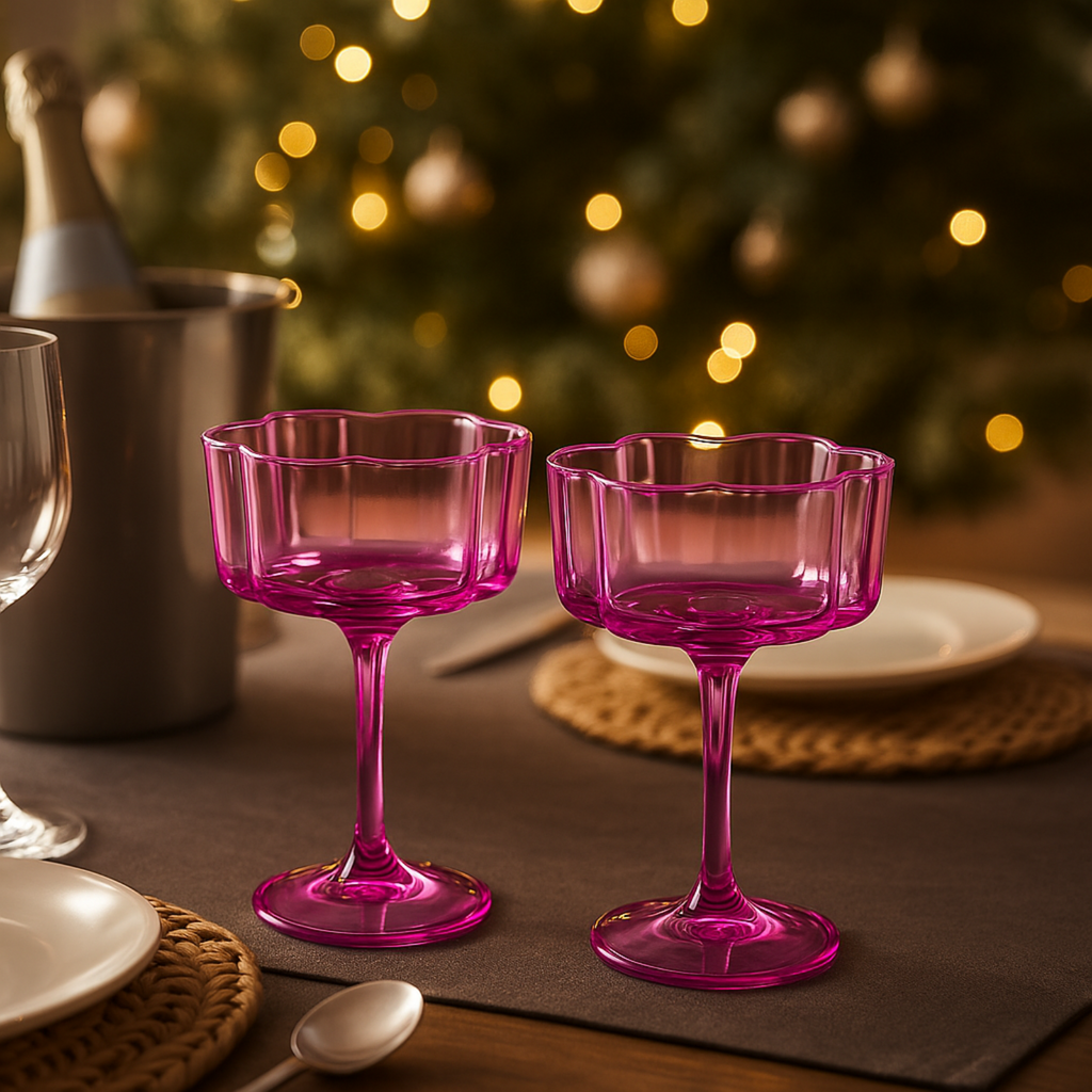 Hot Pink & Blush Flower Wave Coupe Glasses Set of 2 – Vibrant Colored Cocktail Drinkware