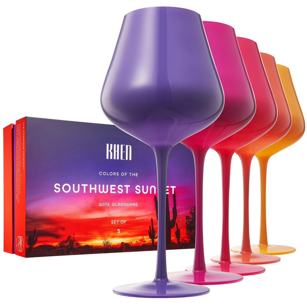 Southwest Sunset Large Colored Wine Glass Set of 5 – 20oz Vibrant Glassware for Dinner Parties