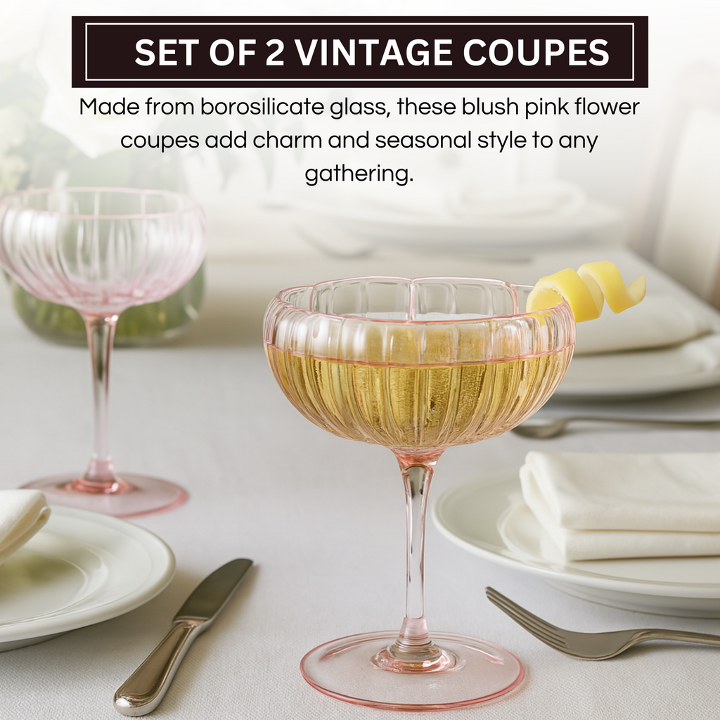 Blush Pink Flower Coupe Cocktail Glasses Set of 2 – Romantic Colored Drinkware for Home & Gifts
