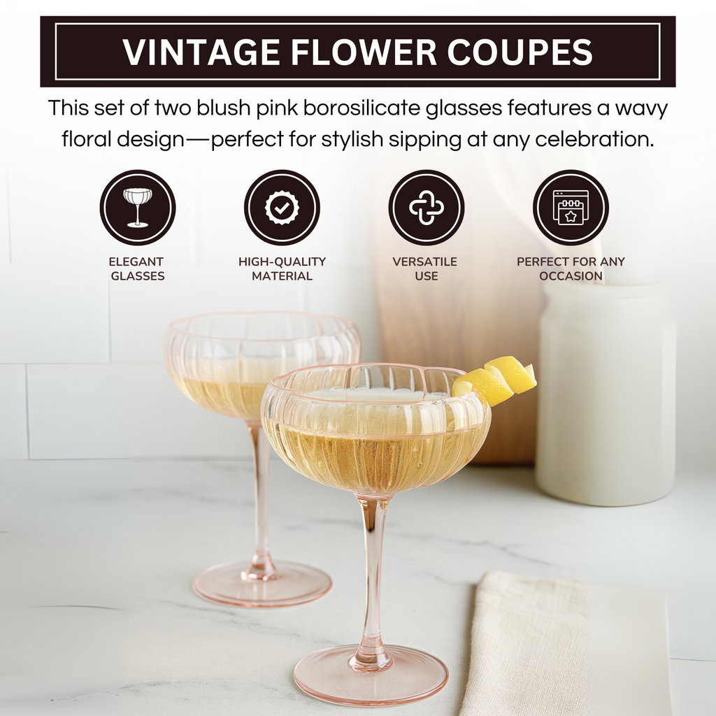 Blush Pink Flower Coupe Cocktail Glasses Set of 2 – Romantic Colored Drinkware for Home & Gifts