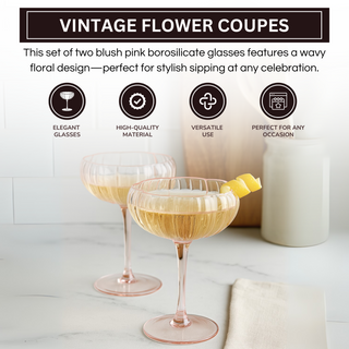 Blush Pink Flower Coupe Cocktail Glasses Set of 2 – Romantic Colored Drinkware for Home & Gifts