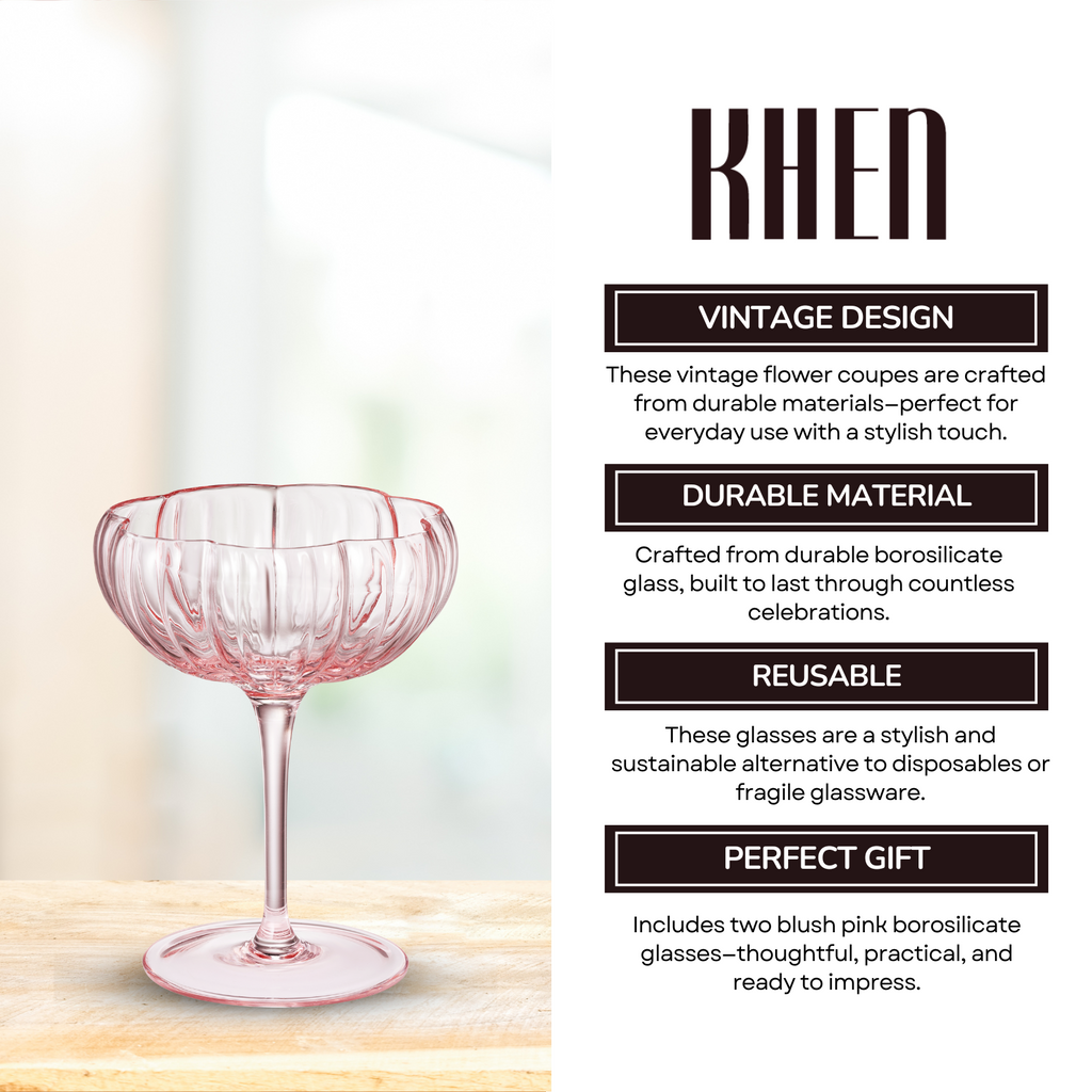 Blush Pink Flower Coupe Cocktail Glasses Set of 2 – Romantic Colored Drinkware for Home & Gifts