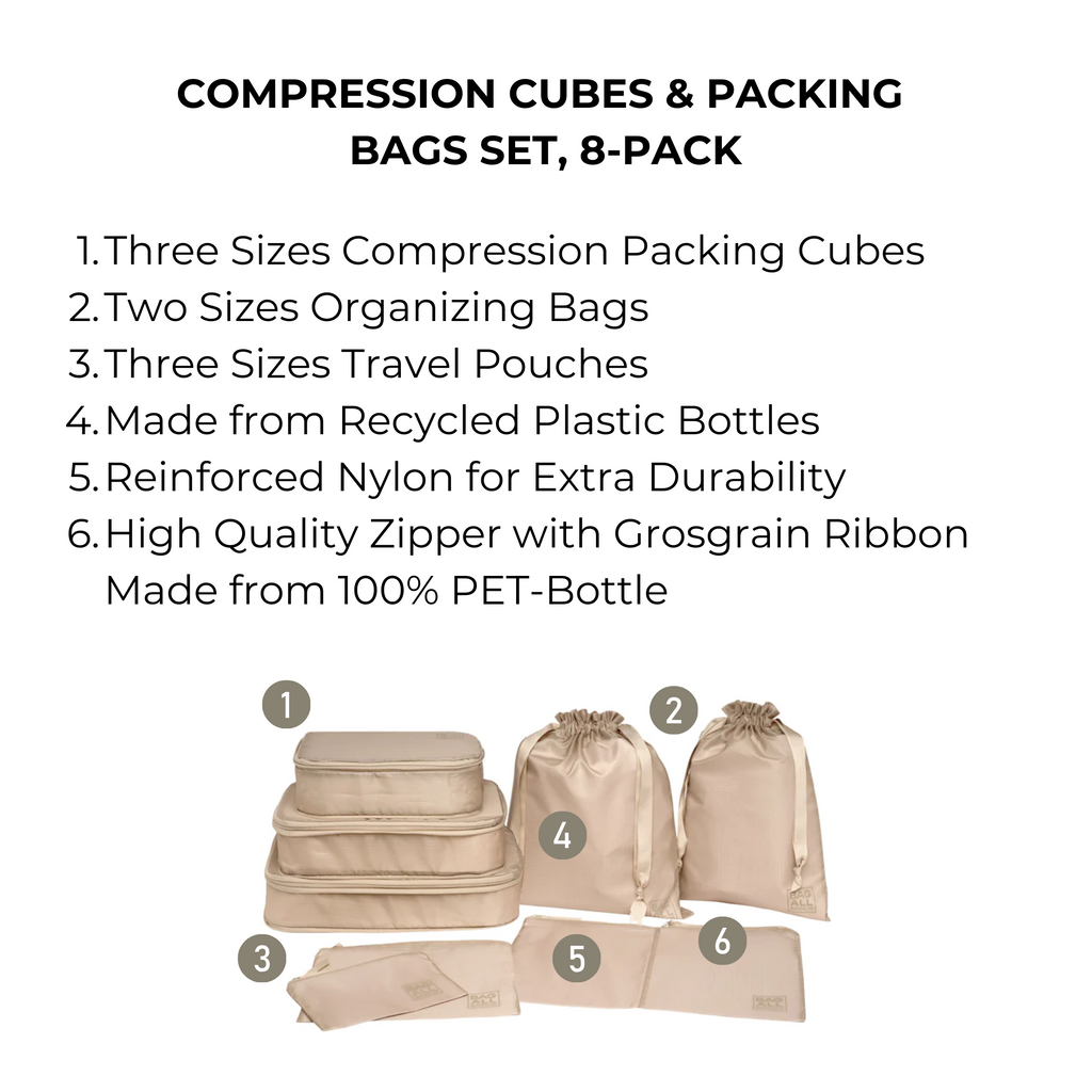 Compression Packing Cubes & Packing Bags – Recycled Nylon – 8-pack – Taupe