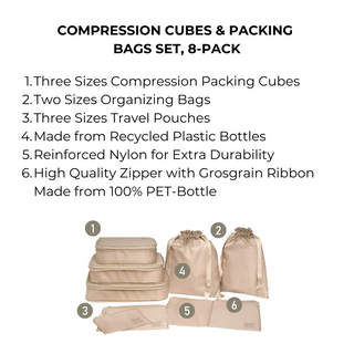 Compression Packing Cubes & Packing Bags – Recycled Nylon – 8-pack – Taupe