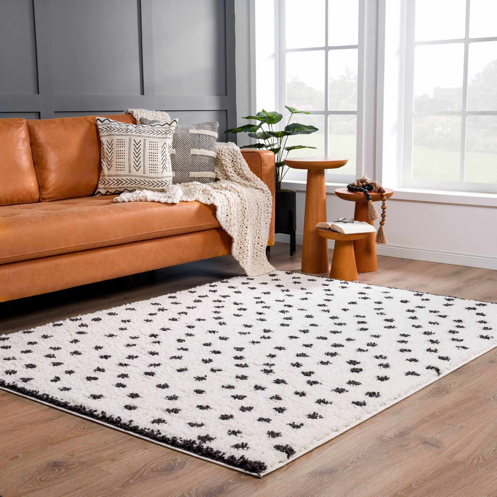 Chaia Dotted Black White Plush Rug – Modern Patterned Living Room Rug