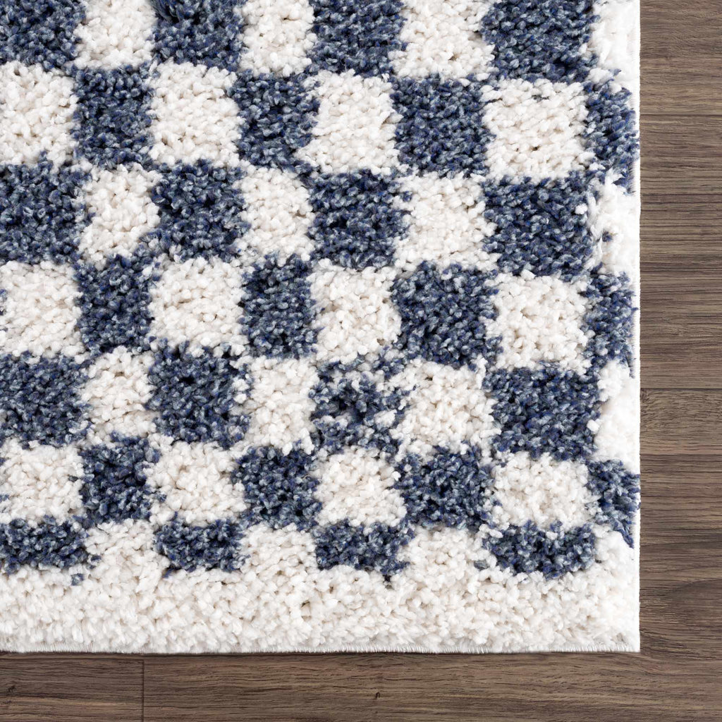 Kieu Blue White Checkered Area Rug – Modern Patterned Washable Carpet