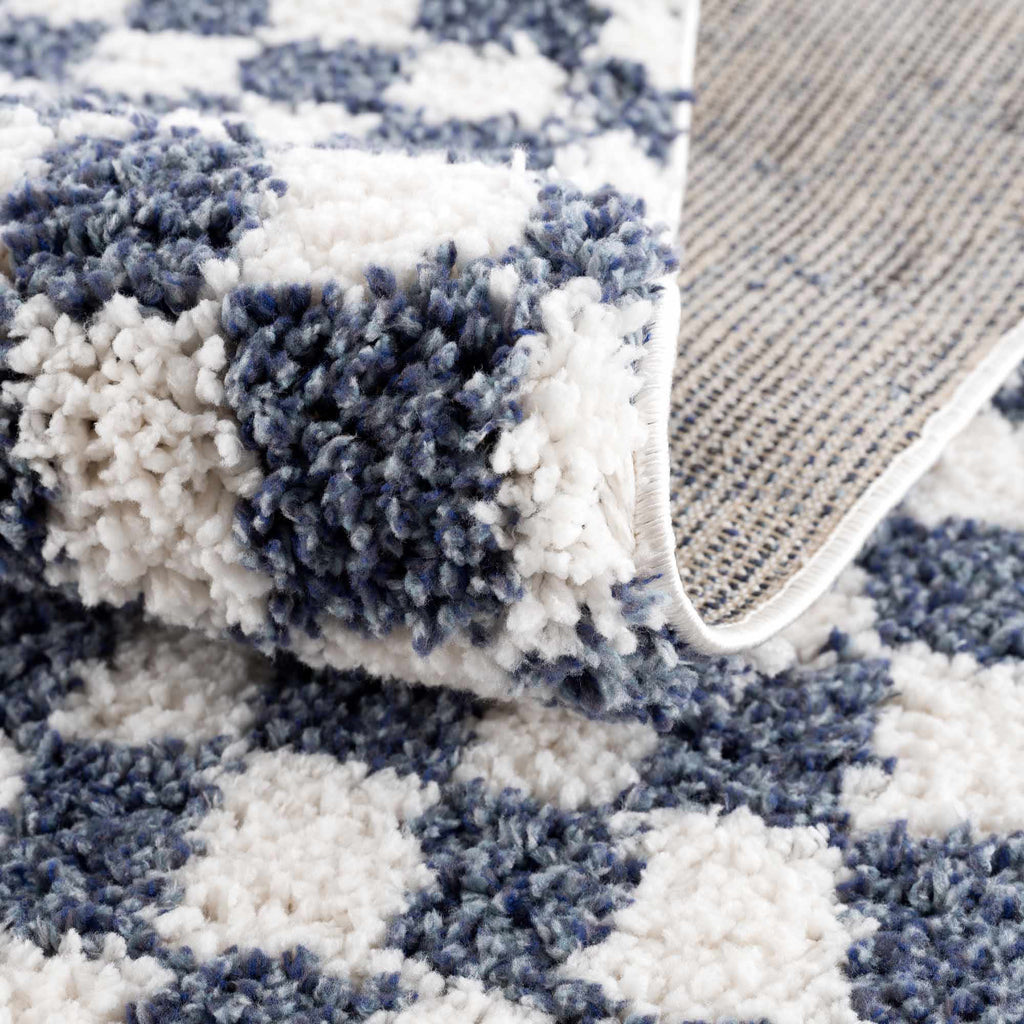 Kieu Blue White Checkered Area Rug – Modern Patterned Washable Carpet