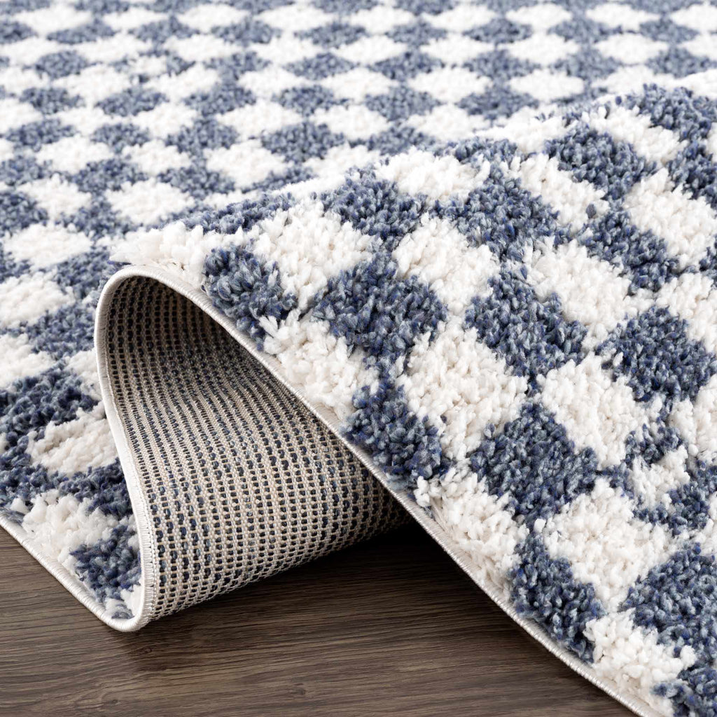 Kieu Blue White Checkered Area Rug – Modern Patterned Washable Carpet