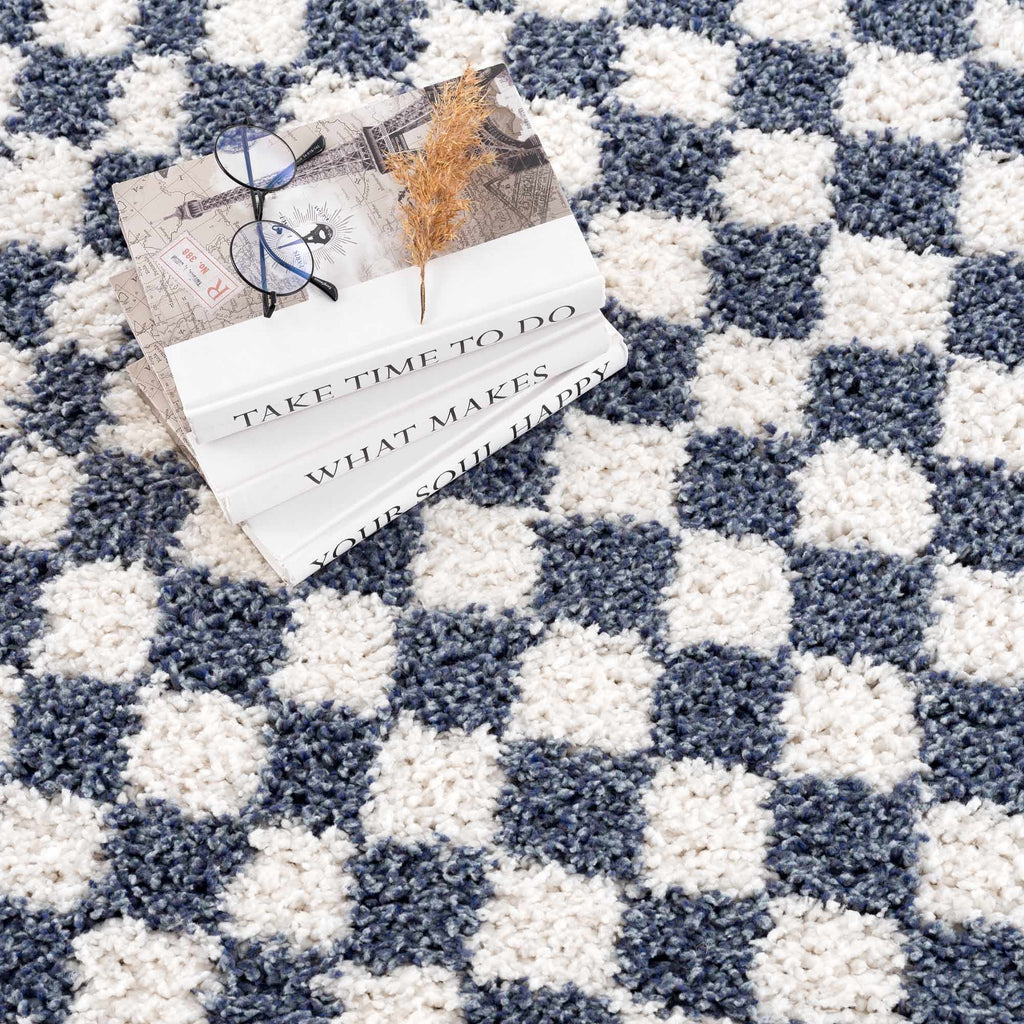 Kieu Blue White Checkered Area Rug – Modern Patterned Washable Carpet