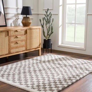Kieu Taupe Checkered Plush Rug – Soft Modern Area Carpet for Living Room