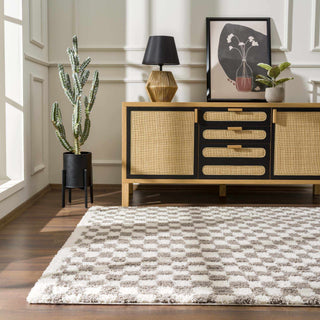 Kieu Taupe Checkered Plush Rug – Soft Modern Area Carpet for Living Room