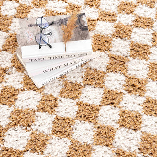 Kieu Mustard Ivory Checkered Area Rug – Modern Patterned Floor Carpet
