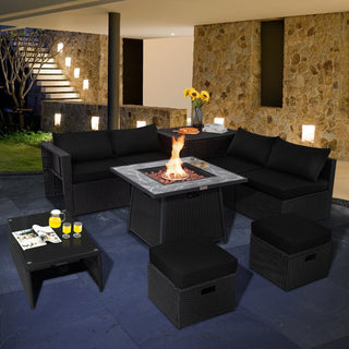 9-Piece Black Wicker Sectional Set with 35-Inch Gas Fire Pit Table