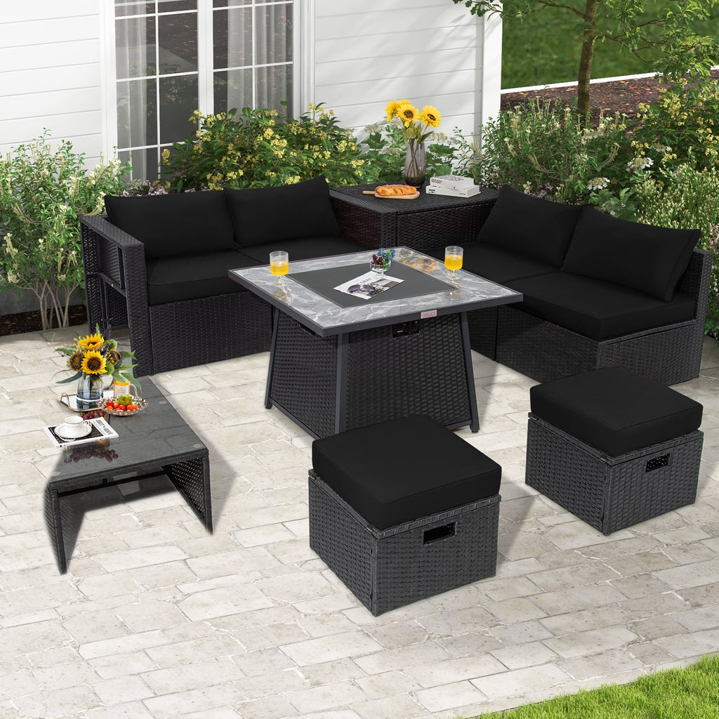9-Piece Black Wicker Sectional Set with 35-Inch Gas Fire Pit Table