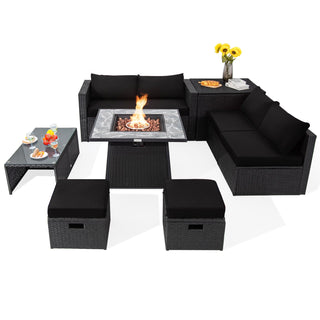 9-Piece Black Wicker Sectional Set with 35-Inch Gas Fire Pit Table