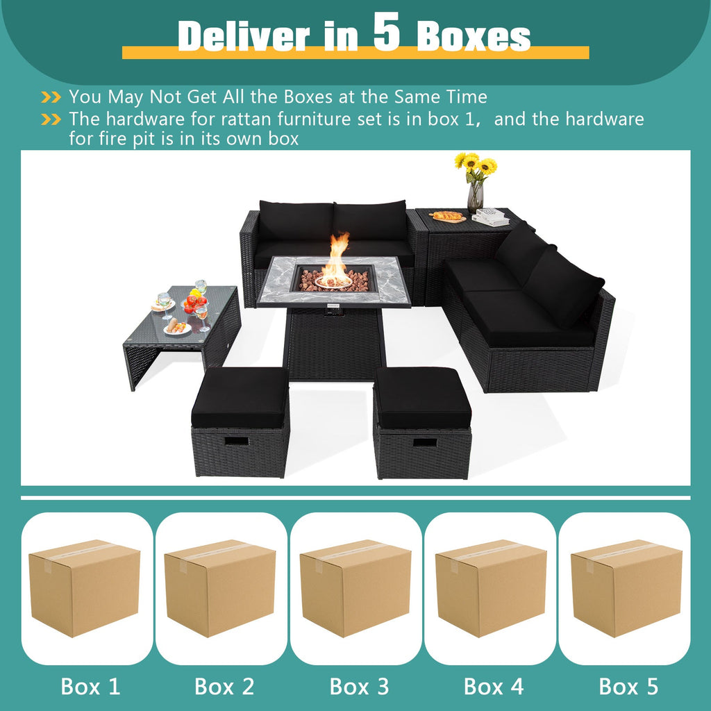 9-Piece Black Wicker Sectional Set with 35-Inch Gas Fire Pit Table