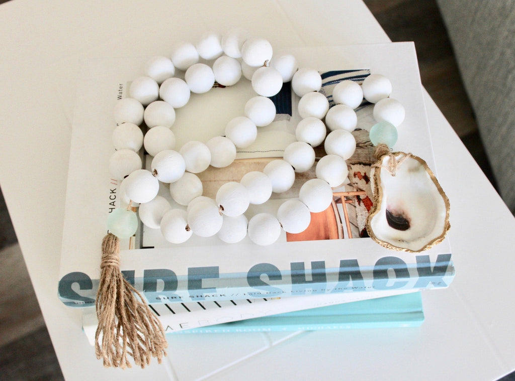 Long Beach White Bead Garland with 18K Gold Oyster Accent