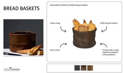 Ben Leather Bread Basket — Full Grain Leather with Cotton Lining, Multiple Colors Available