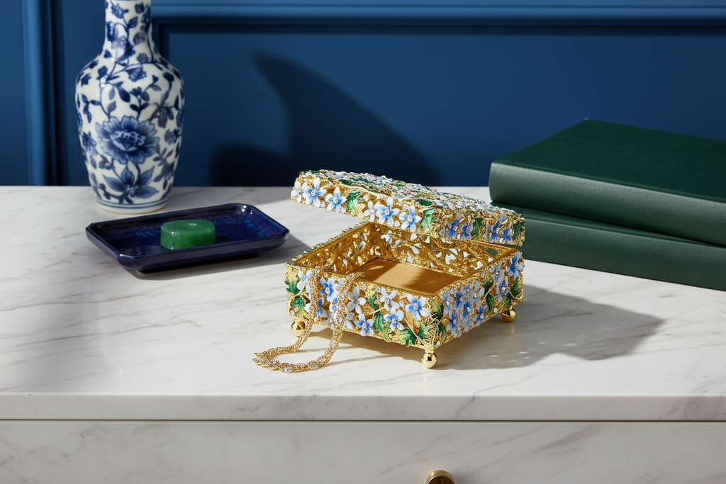 Daphne Blue & Green Enamel Floral Keepsake Box