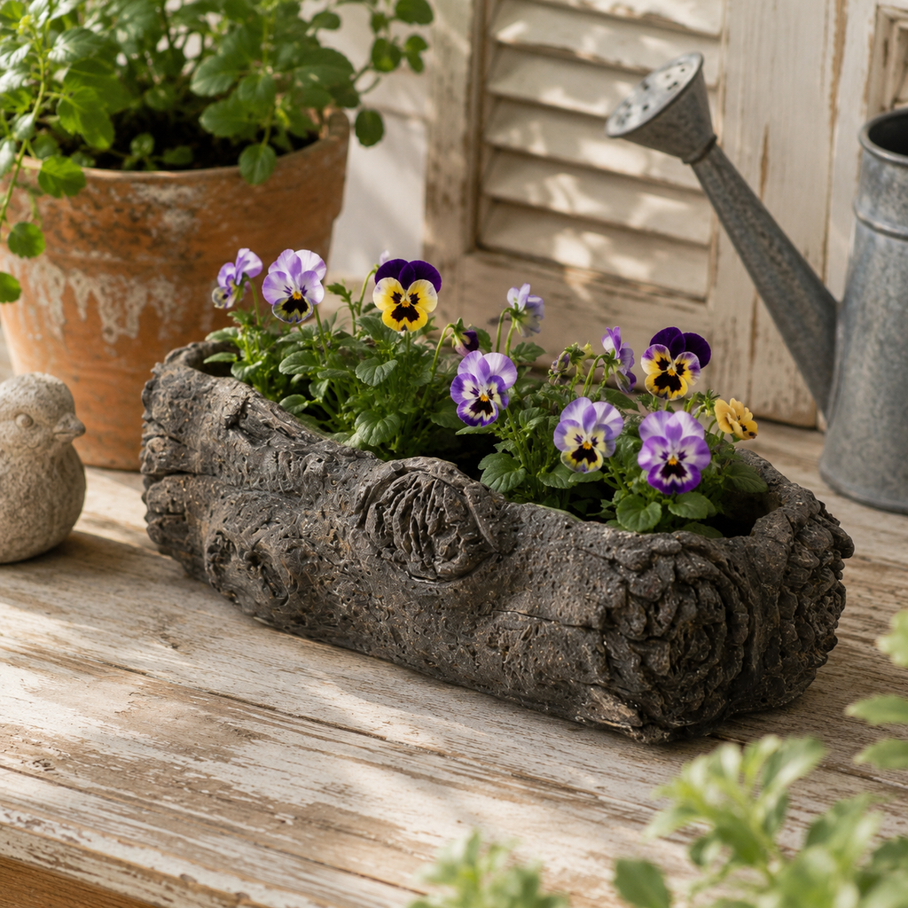 Cement Log Planter with Realistic Wood Texture