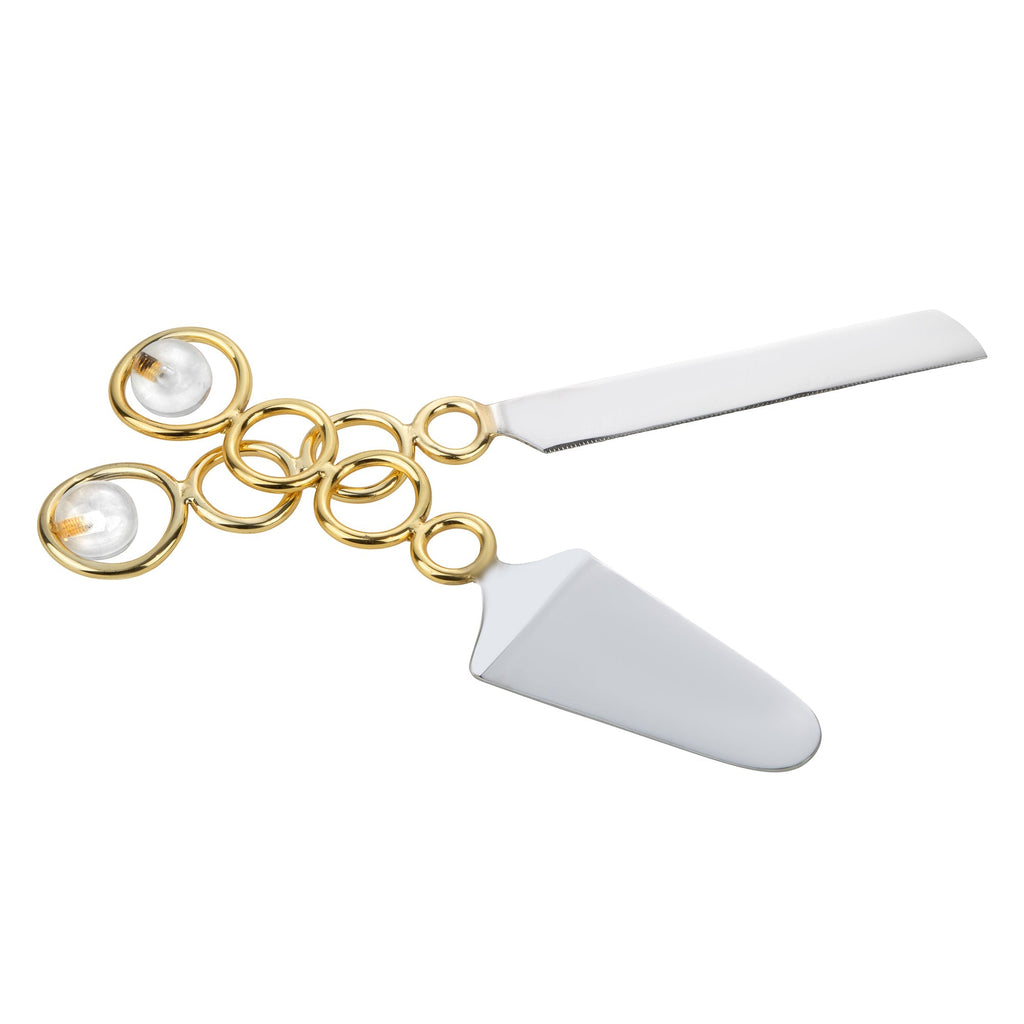 Cake/Salad Servers with Gold Loop Design and Clear Ball