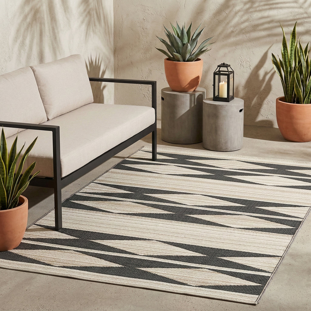 Cairo Natural & Black Geometric Reversible Outdoor Patio Rug