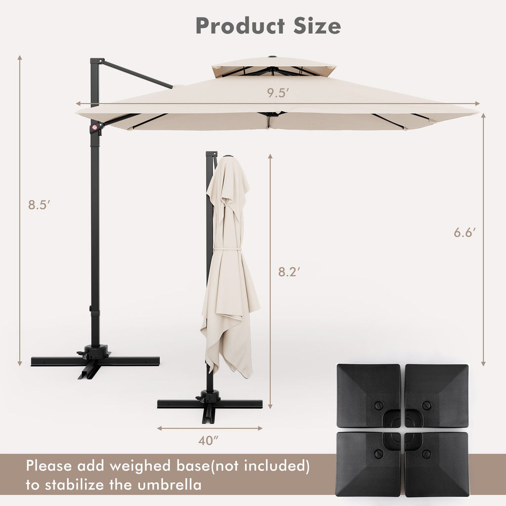 9.5-Foot Cantilever Patio Umbrella with 360° Rotation and Double-Vented Top