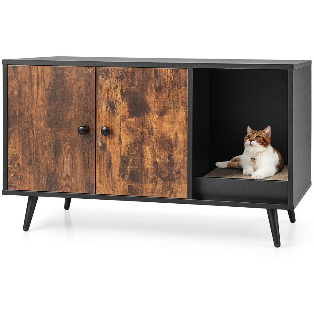 Hidden Cat Litter Box Enclosure with Double Doors and Scratcher