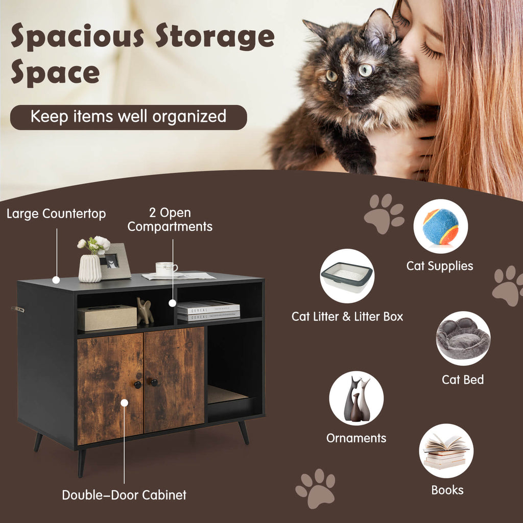 Hidden Cat Litter Box Enclosure with Storage Compartments and Scratcher