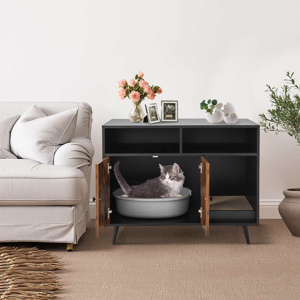 Hidden Cat Litter Box Enclosure with Storage Compartments and Scratcher