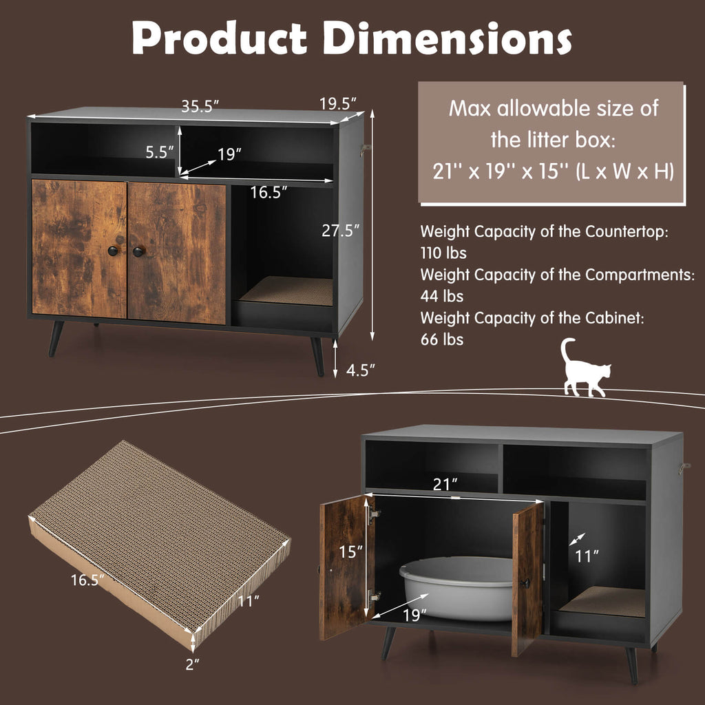 Hidden Cat Litter Box Enclosure with Storage Compartments and Scratcher