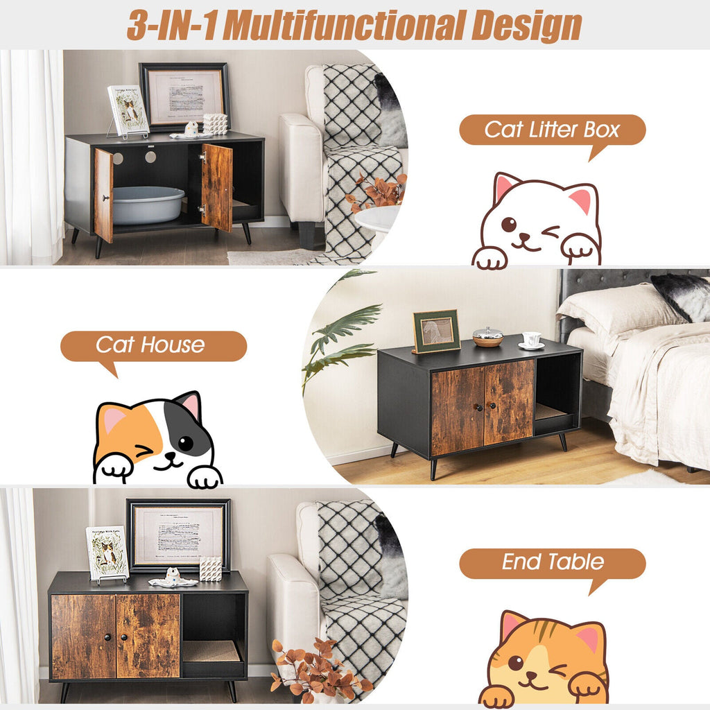 Hidden Cat Litter Box Enclosure with Double Doors and Scratcher