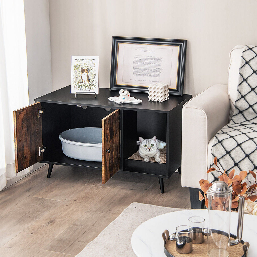 Hidden Cat Litter Box Enclosure with Double Doors and Scratcher
