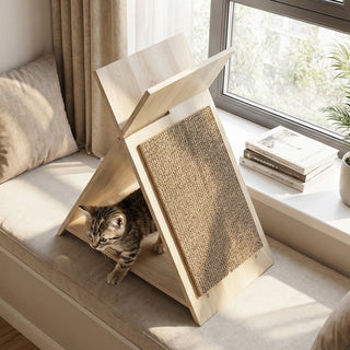 X-Shaped Corrugated Cardboard Cat Scratcher Lounge and Tunnel – Natural