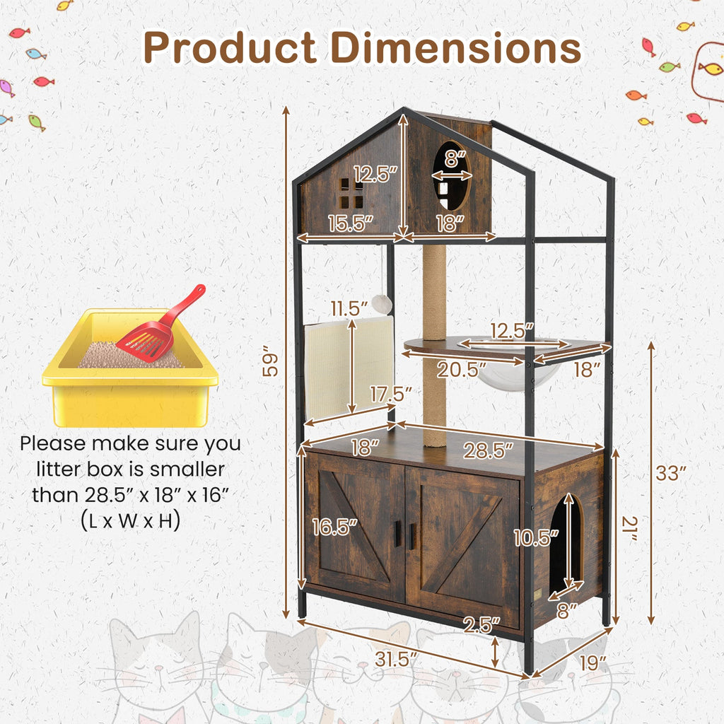 Industrial Cat Tree with Hidden Litter Box Enclosure and Condos – Rustic Brown