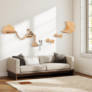 6-Piece Wall-Mounted Cat Furniture Set with Hammock, Bridge and Scratcher – Natural