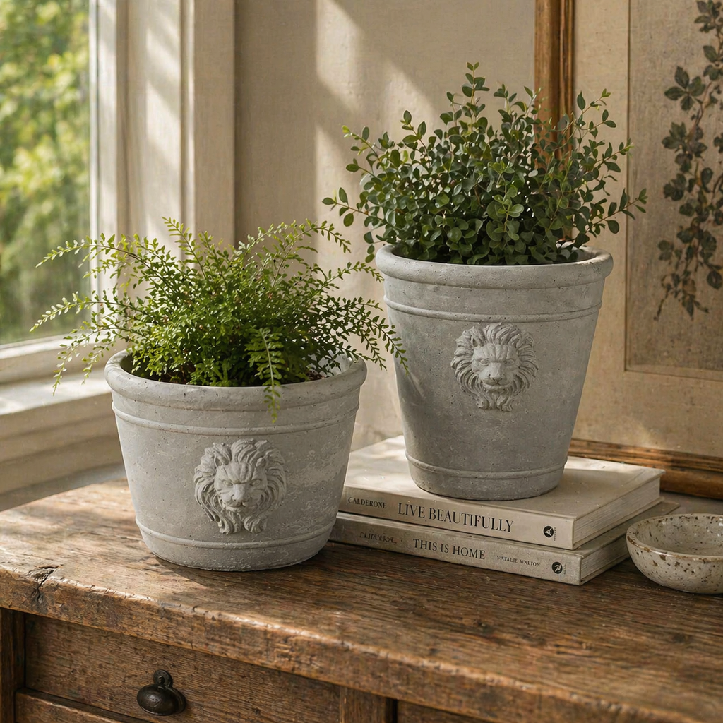 Cast Cement Lion Head Planter with Double-Sided Design