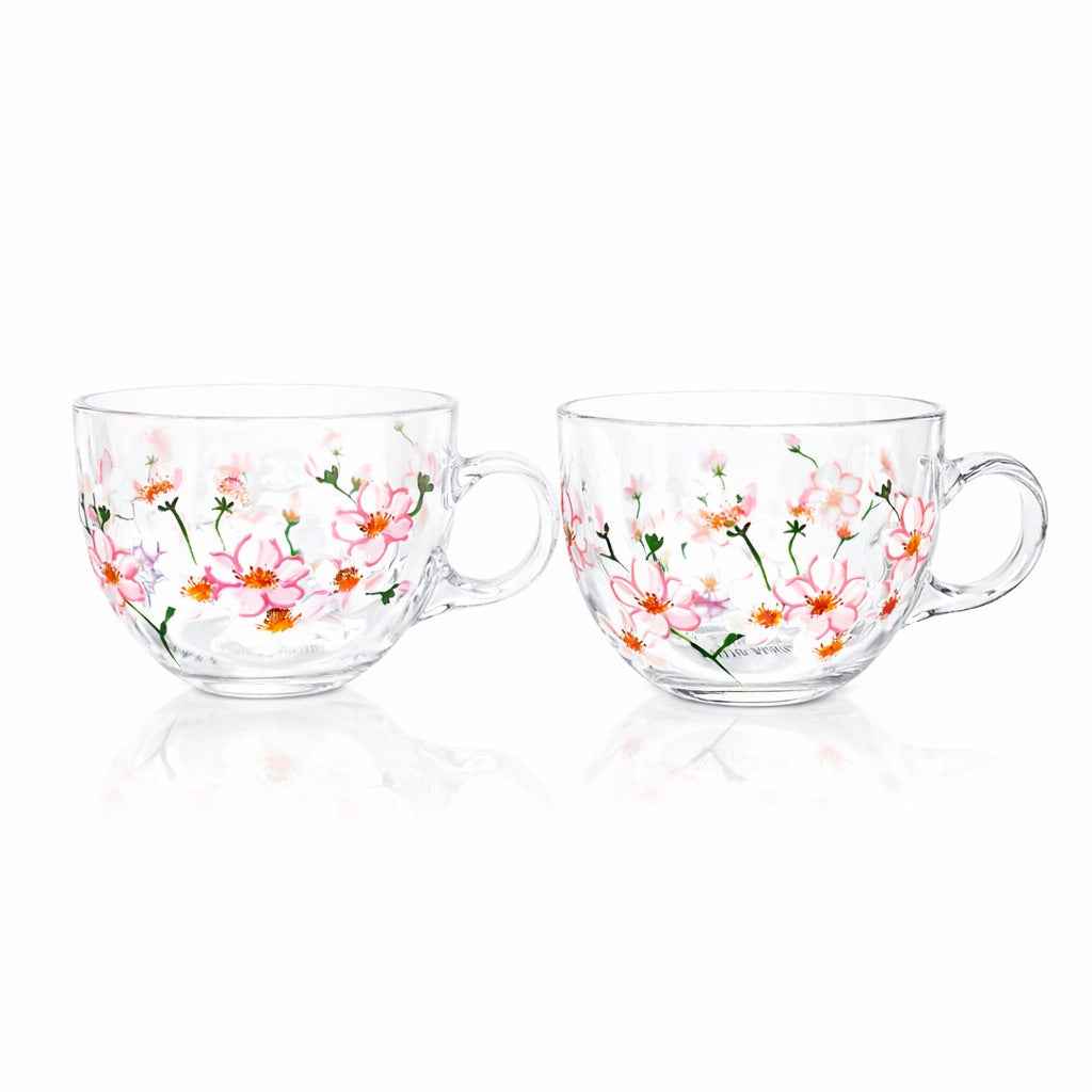 Hand-Painted Cherry Blossom Glass Mugs – Set of 2