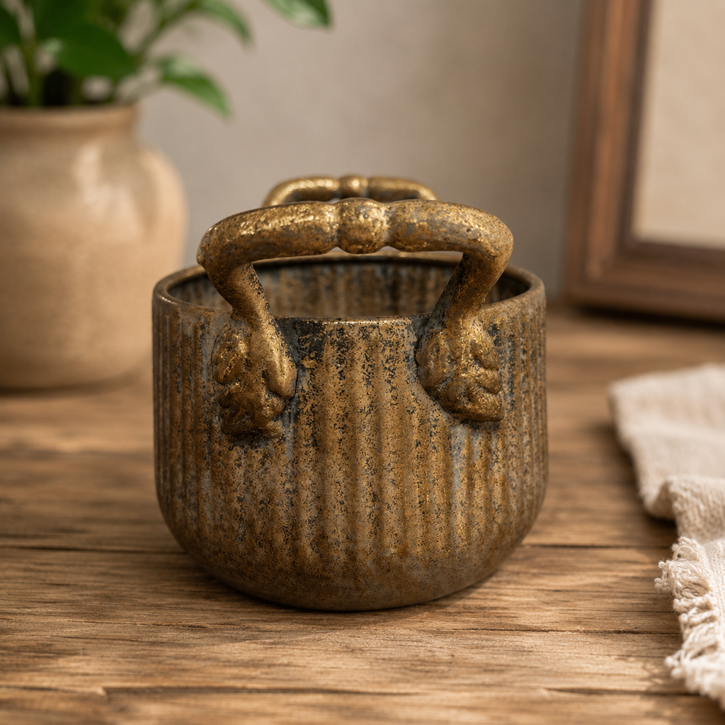 Set of 2 Vintage Ribbed Metal Planters with Rustic Handles
