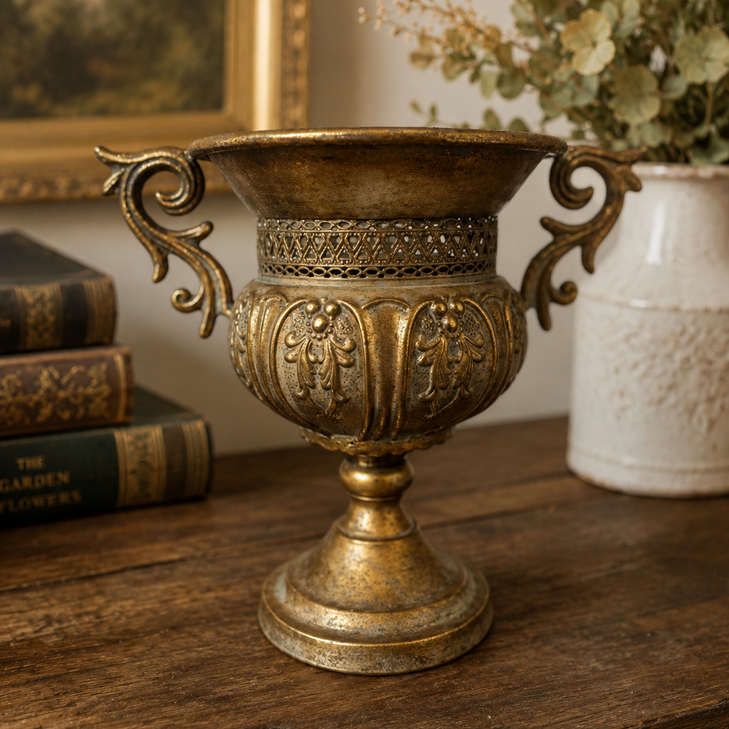 Vintage Gold Decorative Urn Planter with Scroll Handles