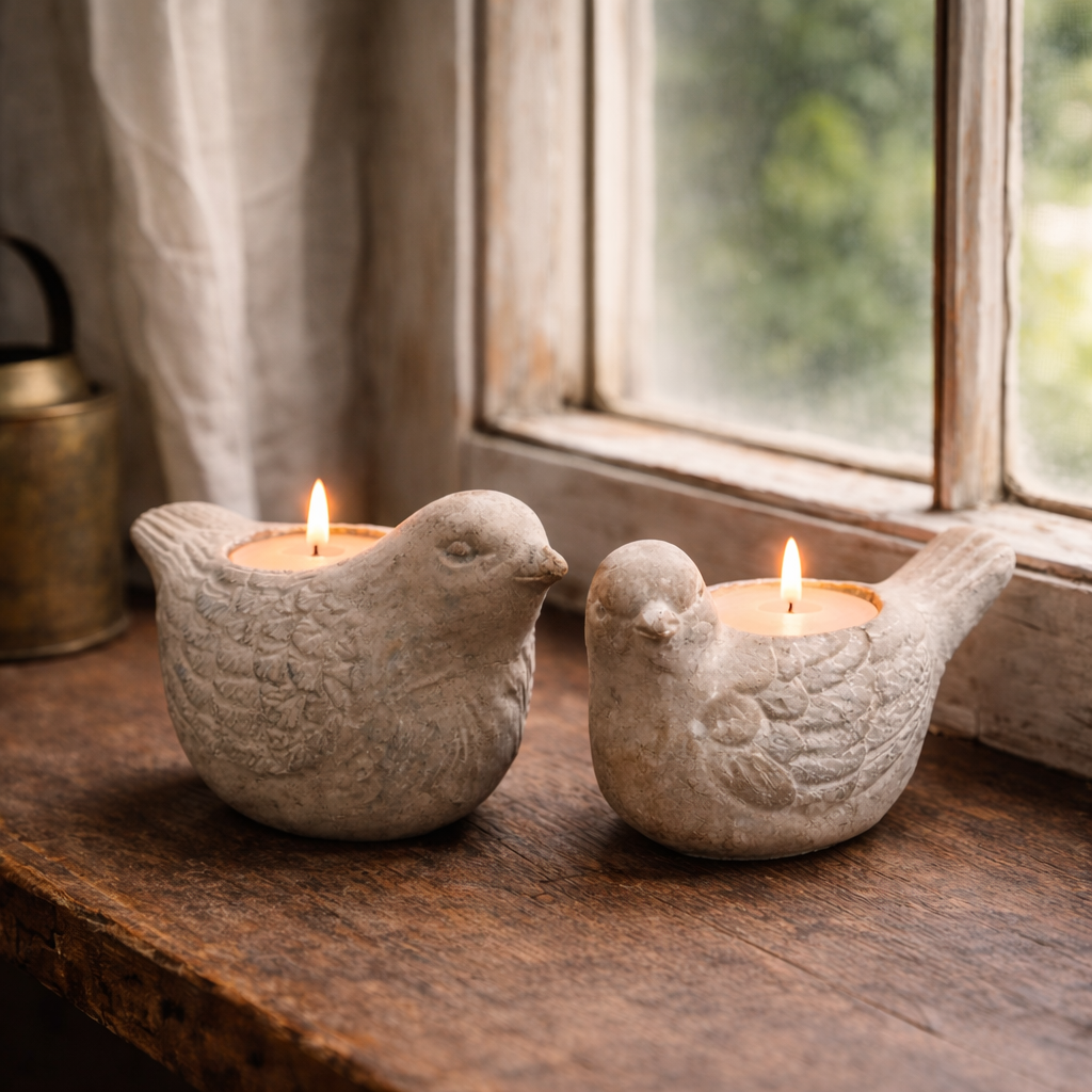 Distressed Stone-Finish Bird Candle Holder