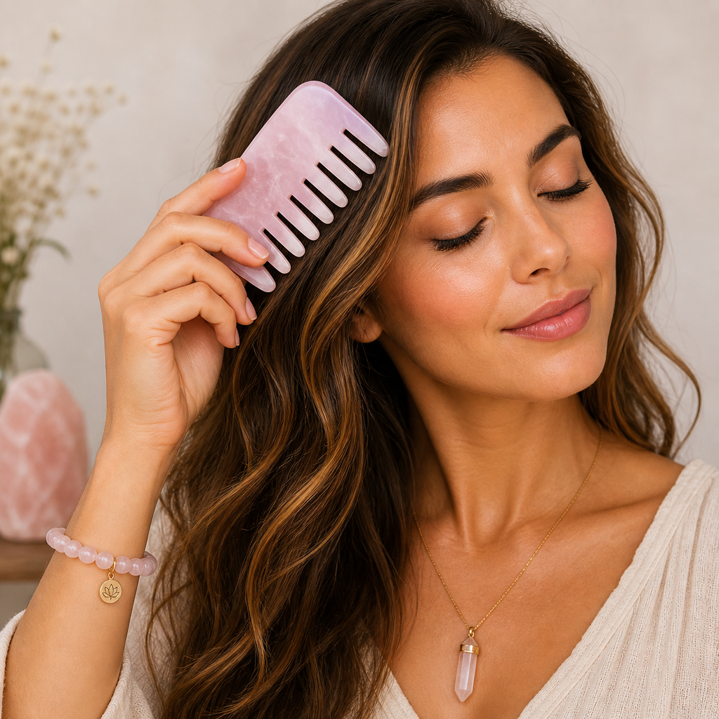 Crown Chakra Rose Quartz Comb – Crystal Scalp Massage & Wide Tooth Hair Comb