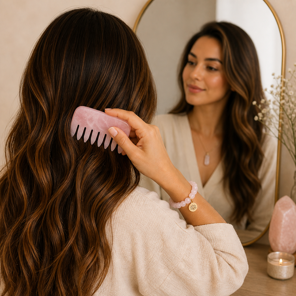 Crown Chakra Rose Quartz Comb – Crystal Scalp Massage & Wide Tooth Hair Comb