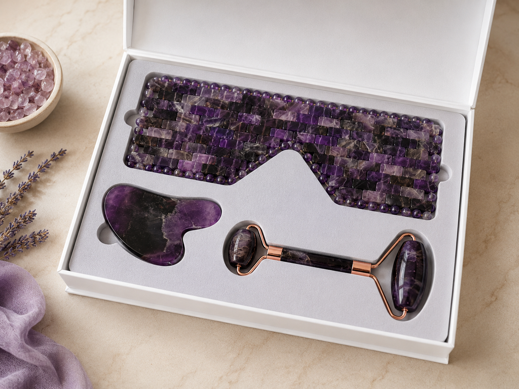 Midnight Amethyst Crystal Spa Gift Set – Eye Mask, Gua Sha & Facial Roller