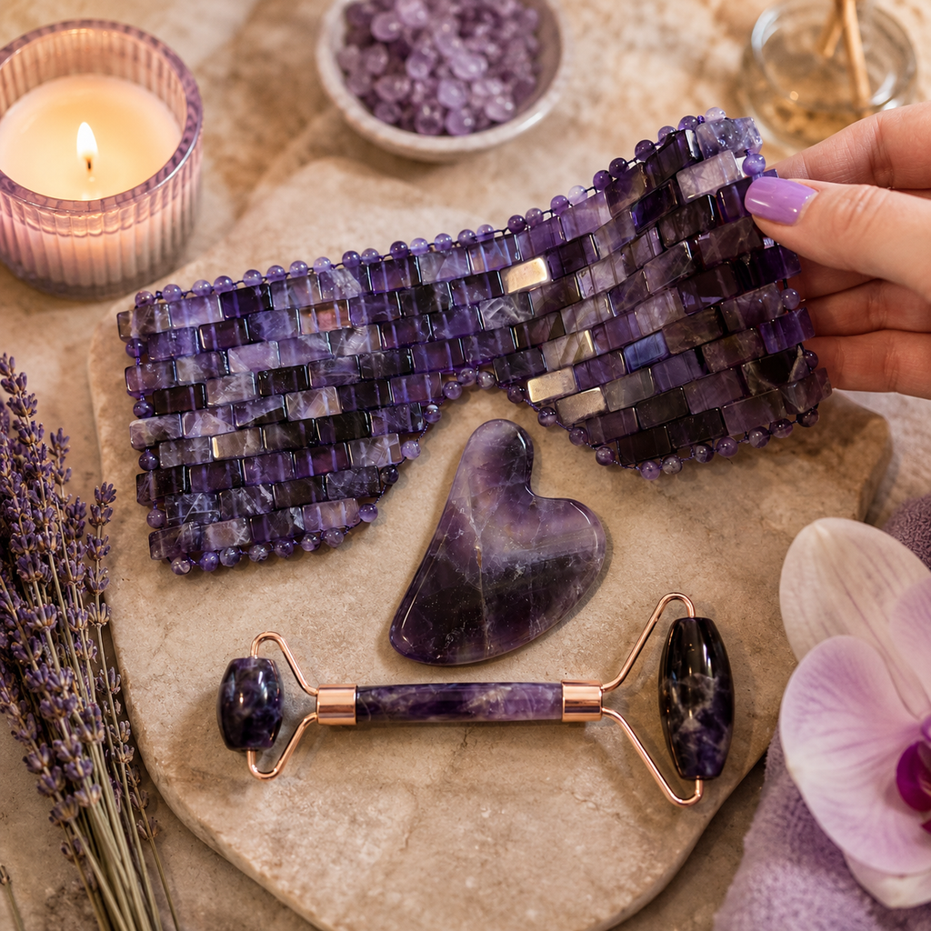 Midnight Amethyst Crystal Spa Gift Set – Eye Mask, Gua Sha & Facial Roller