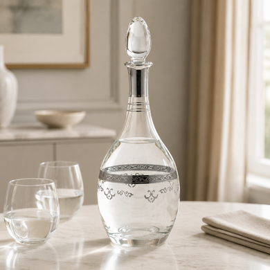 Elegant Glass Wine Bottle with Ornate Silver Detailing