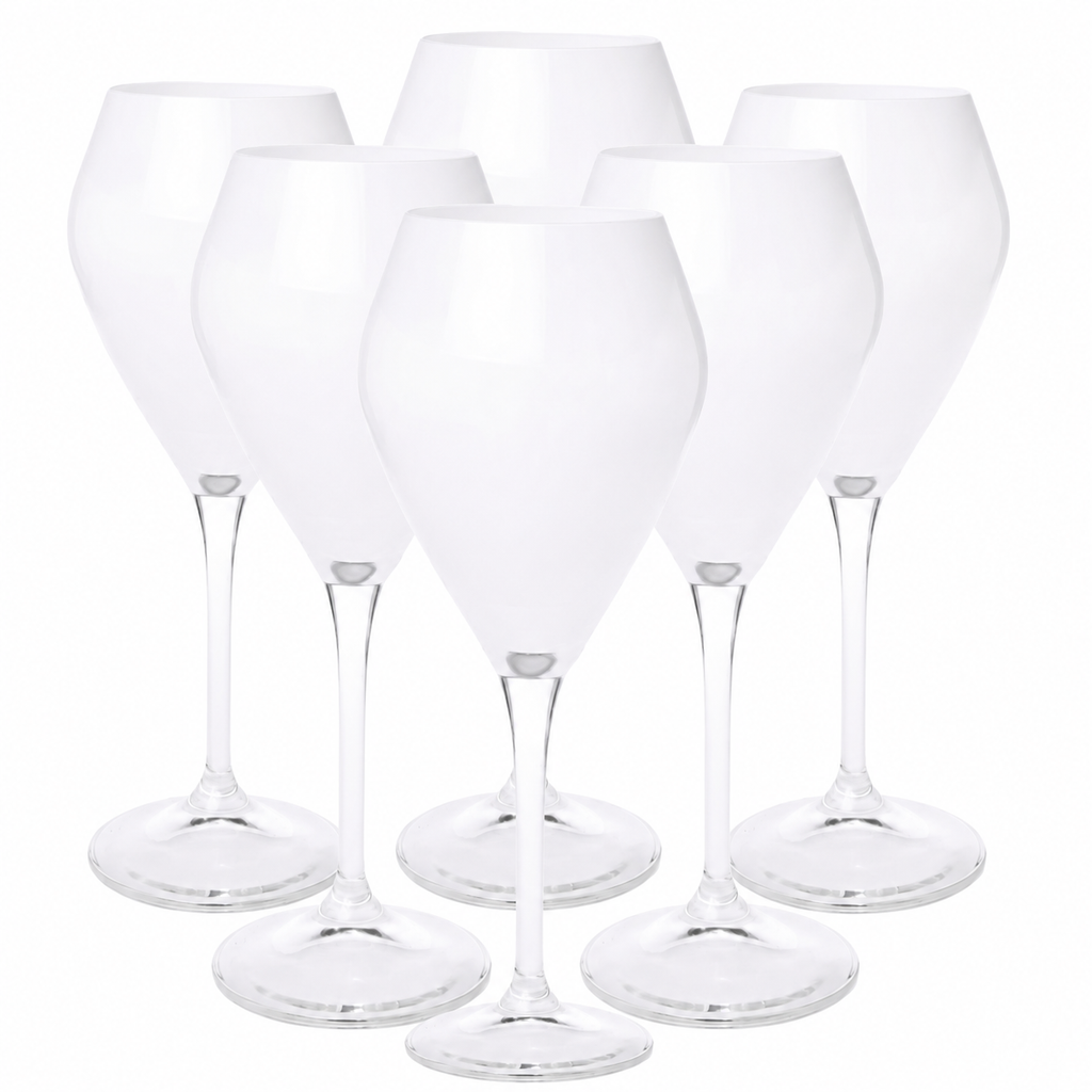 Set of 6 White V-Shaped Wine Glasses with Clear Stem