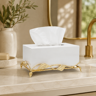 White Tissue Box on Gold Leaf Design Base