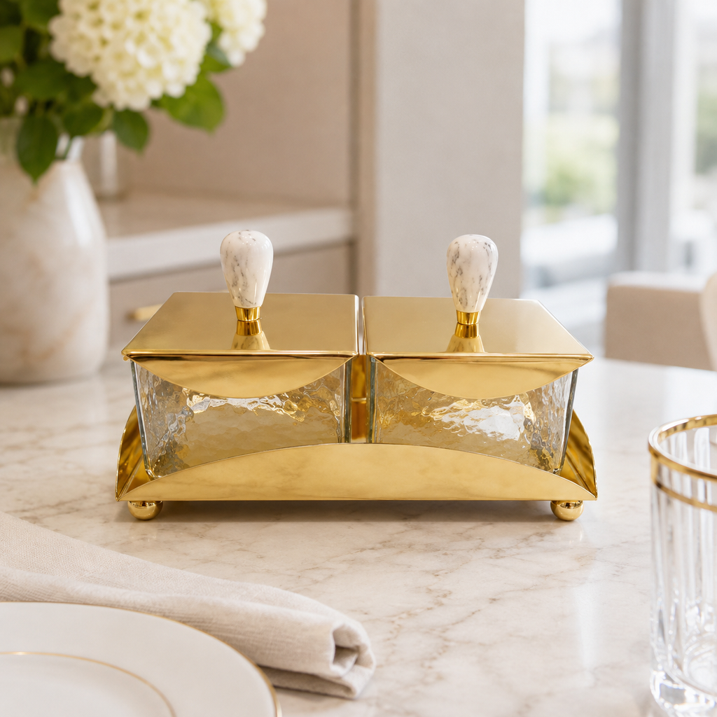 Luxury Two-Bowl Serving Set with Marble Knob Covers & Spoons